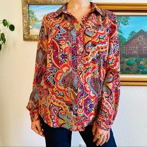 Jones New York Multicolor Paisley Button Front Blouse Shirt, M